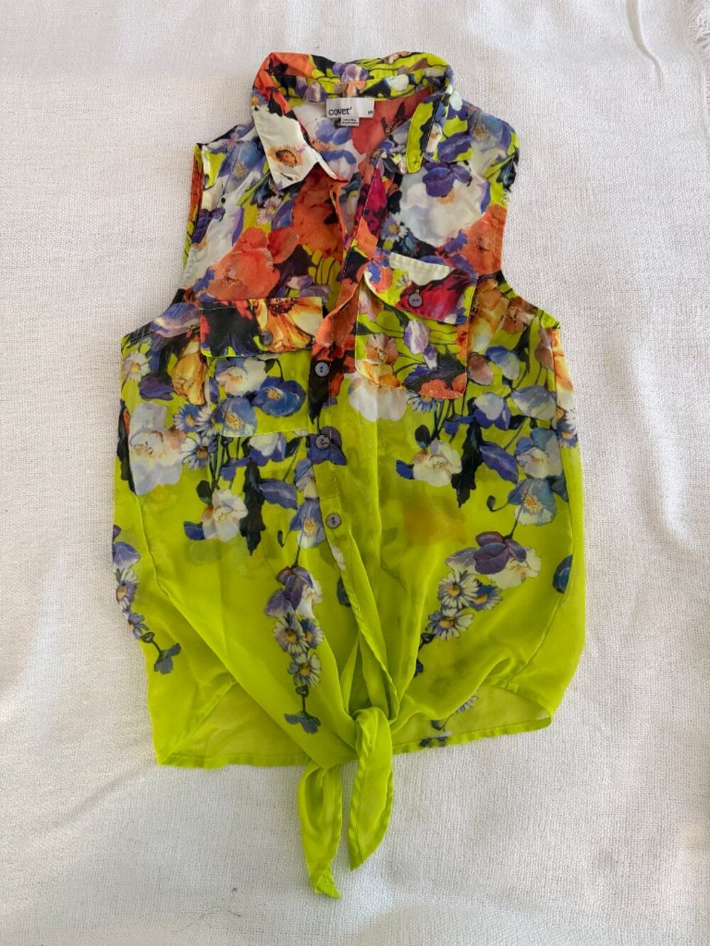 Covet Neon Floral Blouse Sleeveless Tie Neck Top Size S Bright Statement Print